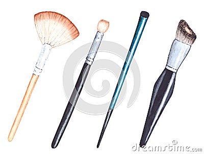 Watercolor illustration of make up tools. Hand painted beauty brushes for eyeshadow, foundation and higlighter. Cartoon Illustration