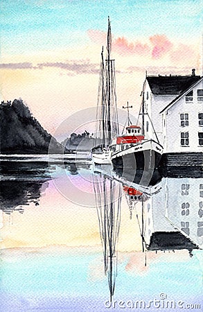 Watercolor illustration of a marina with wooden cottages and sailing yachts near the pier Cartoon Illustration