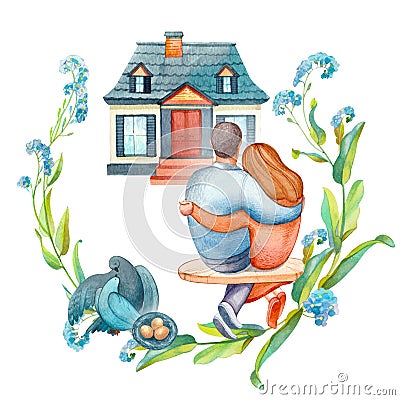 Watercolor illustration of a married couple, lovers hug and look at their home. Cartoon Illustration