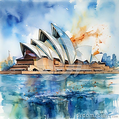 watercolor illustration Sydney Opera House Cartoon Illustration