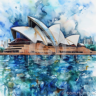 watercolor illustration Sydney Opera House Cartoon Illustration