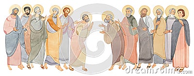 Watercolor illustration of the meeting of holy people, the apostles. For the design of publications Cartoon Illustration