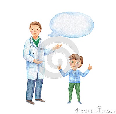 Watercolor illustration men doctor pediatrician tells child boy. illustration of a children`s doctor Cartoon Illustration