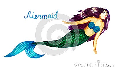 Watercolor illustration of a mermaid, a girl with a fish tail Cartoon Illustration