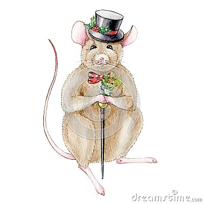 Watercolor illustration of a mouse rat in a funny hat decorated with holly leaves and a cane. Isolated on white background. Cartoon Illustration