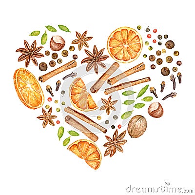 Watercolor illustration of mulled wine ingredients: oranges, anise stars, pepper, cloves, nuts and cinnamon sticks. Vector Vector Illustration