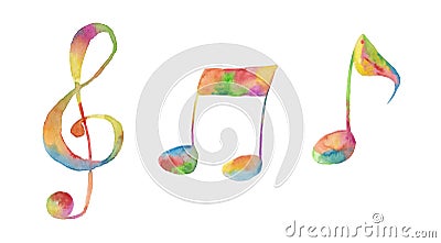 Watercolor illustration with music notes and treble clefs. Isolated illustration on the theme of music on a white background Cartoon Illustration