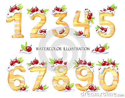 Watercolor illustration of numbers from zero to nine. Sweet tasty mathematical symbols. Set of decorative cake with Cartoon Illustration