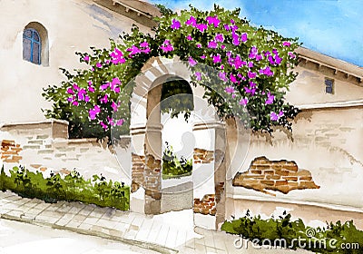 Watercolor illustration of an old arched entrance with a whitewashed brick fence Cartoon Illustration