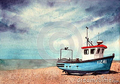 Watercolor illustration of an old blue boat on a sandy beach Cartoon Illustration