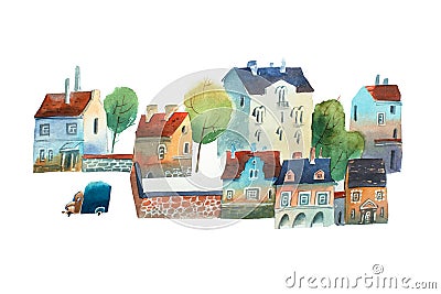 Watercolor illustration of old city center Scandinavia in summer Cartoon Illustration