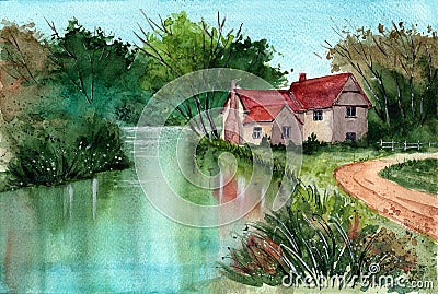 Watercolor illustration of an old cottage with a red roof Cartoon Illustration