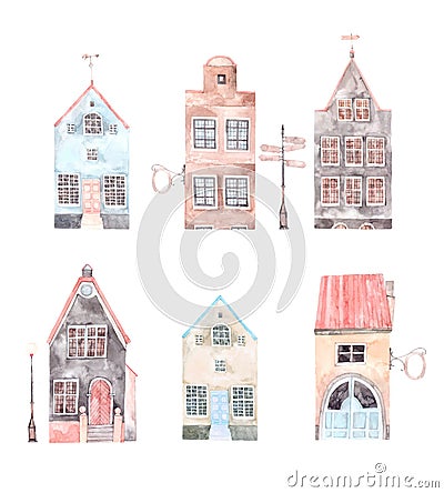 Watercolor illustration. Old town city. Cityscape - houses, bui Cartoon Illustration