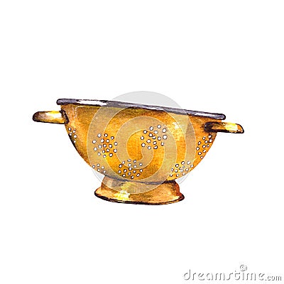 Watercolor illustration.old vintage enameled yellow colander. metal retro tableware.Isolated on a white background. Cartoon Illustration