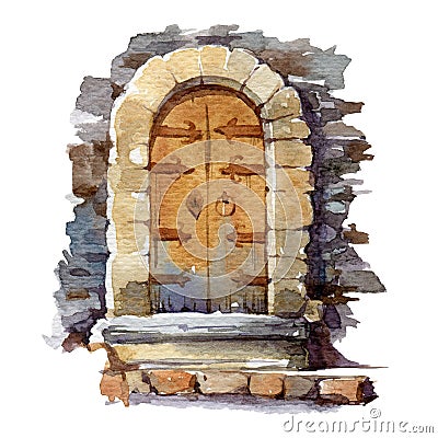 Watercolor illustration of an old yellow door. Vintage wooden entrance with stone arch and steps. Isolated on white background Cartoon Illustration