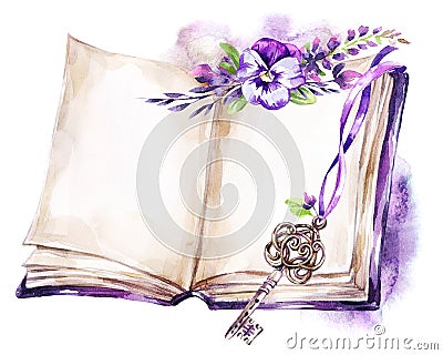 Watercolor illustration. Opened old book with a ribbon, pansy, leaves and key. Antique objects. Spring collection in Cartoon Illustration