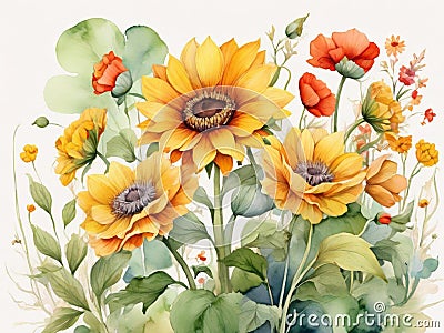 Watercolor illustration of an orange gerbera and yellow daisies Cartoon Illustration