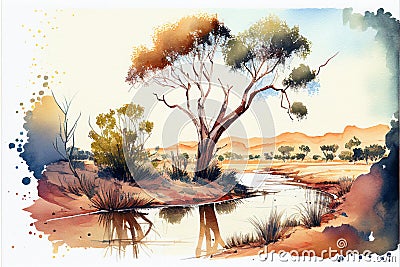 Watercolor illustration of the outback in rural Australia Stock Photo