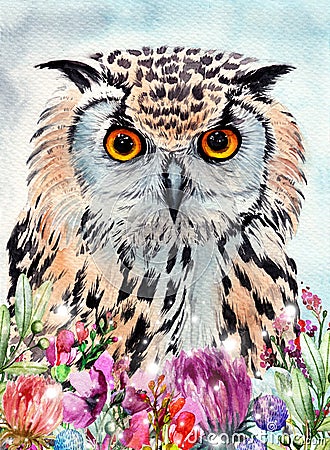 Watercolor illustration of an owl with spotted contrasting white and black feathers Cartoon Illustration