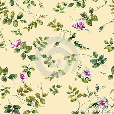 Watercolor illustration painting of leaf and flowers, seamless pattern Cartoon Illustration