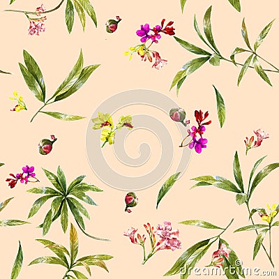 Watercolor illustration painting of leaf and flowers, seamless pattern Cartoon Illustration