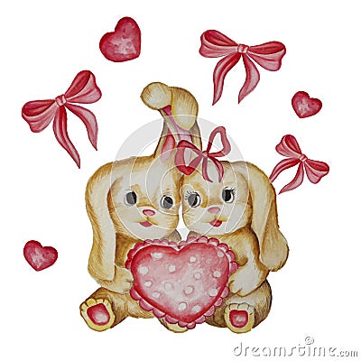 Watercolor illustration of a pair of bunnies with a heart Cartoon Illustration