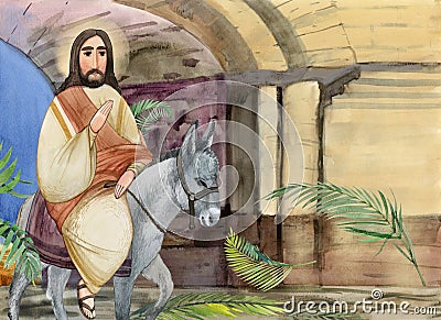 Watercolor illustration of Palm Sunday: Jesus Christ enters Jerusalem on a donkey, people greet him with palm branches. For Cartoon Illustration