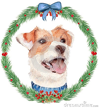 Watercolor illustration, parson russell terrier dog in a frame of branches. Botanical New Year card. Cartoon Illustration