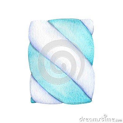 Watercolor illustration pastel color sweet marshmallow twists. Twisted white, blue pastel colored candy, snack with soft Cartoon Illustration