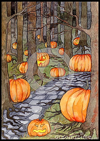 Watercolor illustration with path or trailway, scary pumpkin head and lanterns hiding behind the gloomy trees in dark forest or Vector Illustration