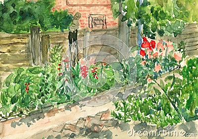 Watercolor image of path walk near village house with flower beds and trees on summer sunny day Cartoon Illustration