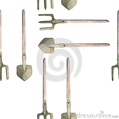 Watercolor illustration, a pattern depicting garden tools - shovels and pitchforks on a white background. Suitable for Cartoon Illustration