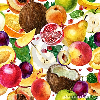 Watercolor illustration. Pattern of watercolor fruit on a white background. Coconut, pomegranate, pear, apple, mango, peach, plum, Cartoon Illustration