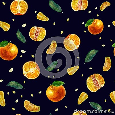 Watercolor illustration, pattern. Tangerines, slices of tangerines and tangerine leaves. Dark blue background. Bright juicy orange Cartoon Illustration