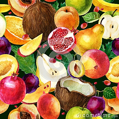 Watercolor illustration. Pattern of watercolor fruit on a dark green background. Coconut, pomegranate, pear, apple, mango, peach, Cartoon Illustration