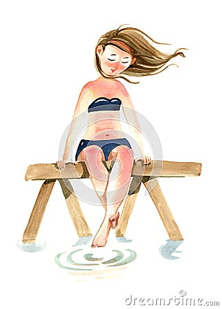 Watercolor illustration. Pensive sunburnt woman in a swimsuit Cartoon Illustration