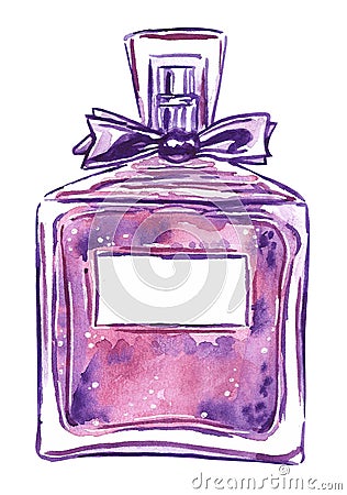 Watercolor illustration of a perfume bottle in purple color Cartoon Illustration