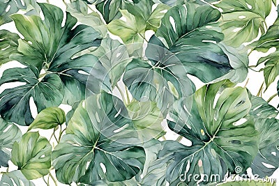 Watercolor illustration Philodendron leaves pattern Cartoon Illustration