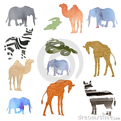 Watercolor illustration picture set of animals elephant, camel, giraffe, zebra, crocodile, snake. transparent watercolor different Cartoon Illustration