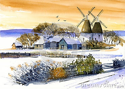Watercolor illustration of a picturesque village with houses and two windmills Cartoon Illustration