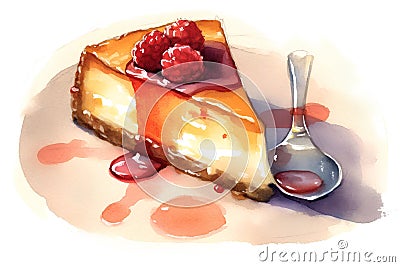 watercolor illustration of a piece of cheesecake with raspberries and jam Cartoon Illustration