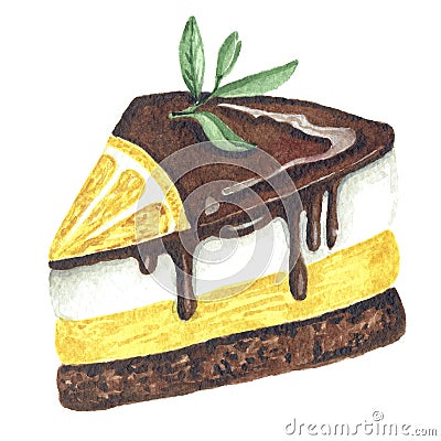 Watercolor illustration of piece of chocolate cake Cartoon Illustration