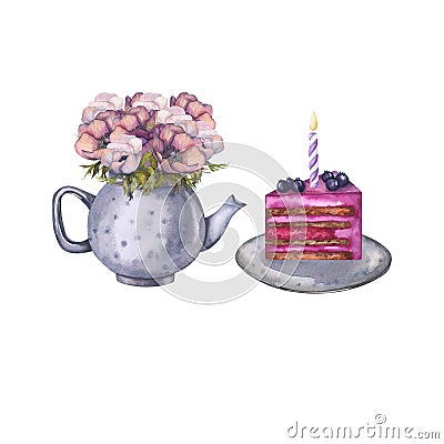 Watercolor illustration piece of delicious cake with blueberries, candle and a teapot with anemones. Sweet dessert for Cartoon Illustration