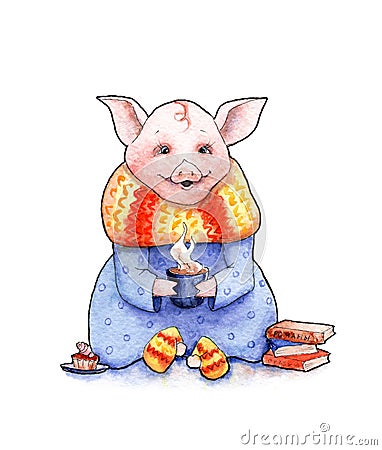 Watercolor illustration: pig with a cup, books and cakes Cartoon Illustration