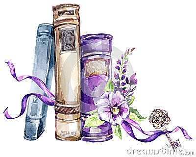 Watercolor illustration. A pile of old books with a bow, pansies, leaves and key. Antique objects. Spring collection in Cartoon Illustration