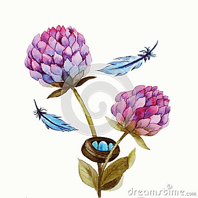 Watercolor illustration with pink flower Cartoon Illustration