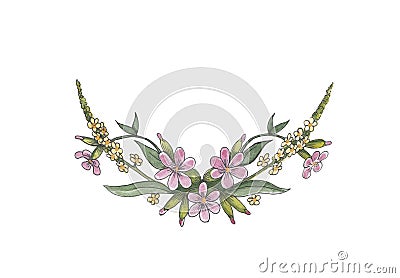 Watercolor illustration of pink wildflowers border. Cartoon Illustration