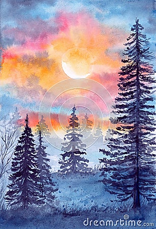 Watercolor illustration of a pink and yellow sunset in the forest Cartoon Illustration