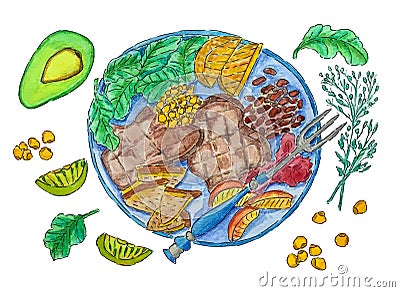 Watercolor illustration of a plate of food Cartoon Illustration