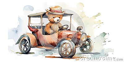 Watercolor illustration of a plush teddy bear driving an old vintage car Cartoon Illustration